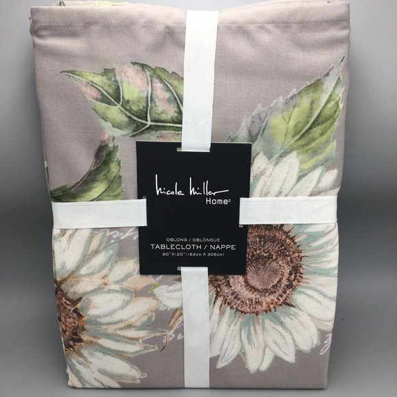 Nicole Miller Sunflower Script Fall Tablecloth Aqua White Gray 60x120 Fabric - Picture 4 of 11